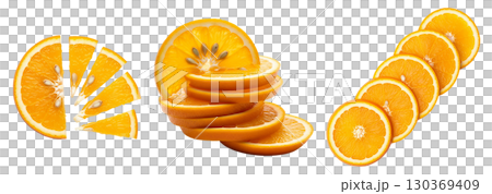 Fresh oranges and their juicy slices on a white background. The image is perfect for advertising, juice packaging, or cooking blogs. 130369409