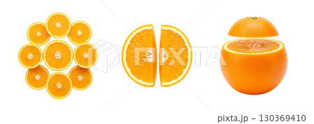 Fresh oranges and their juicy slices on a white background. The image is perfect for advertising, juice packaging, or cooking blogs. 130369410