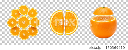 Fresh oranges and their juicy slices on a white background. The image is perfect for advertising, juice packaging, or cooking blogs. 130369410