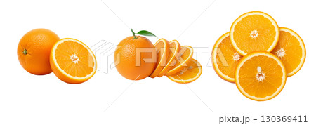 Fresh oranges and their juicy slices on a white background. The image is perfect for advertising, juice packaging, or cooking blogs. 130369411