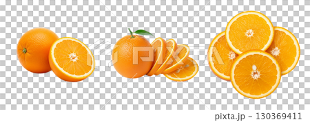 Fresh oranges and their juicy slices on a white background. The image is perfect for advertising, juice packaging, or cooking blogs. 130369411
