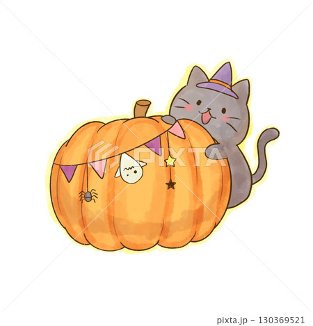 ハロウィンのかぼちゃと黒猫イラスト/Halloween Black Cat with