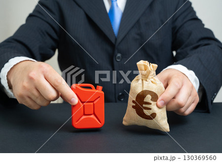 Gasoline canister and euro money bag. Concept of fuel purchase and cost. Purchase reserves. Bulk purchases. Fuel purchase budget. Energy costs, logistics, crisis preparedness, inflation Gasoline canister and euro money bag. Concept of fuel purchase and cost. Purchase reserves. Bulk purchases. Fuel purchase budget. Energy costs, logistics, crisis preparedness, inflation 130369560