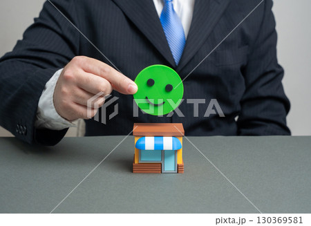 Business store and good feedback. Business is going well. Profit growth and good economic indicators. Customer trust, market expansion, strong sales, retail success, reputation building 130369581