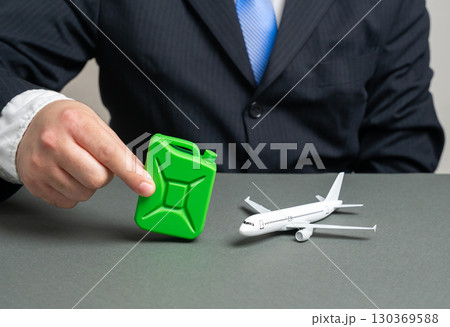 Civil aviation is switching to a more environmentally friendly type of fuel. Green transition. Biofuel, hydrogen cells. Future mobility, aviation technology, clean energy, sustainable transport 130369588