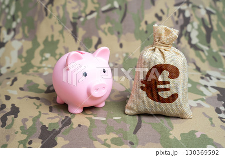 Piggy bank and euro money bag on military background. Pension savings for military personnel. Financial security, veterans' benefits, social protection, state support, retirement planning 130369592