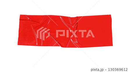 Textured, repaired isolated effect of crumpled red duct washi tape against a transparent background, showcasing its adhesive qualities and rugged design 130369612