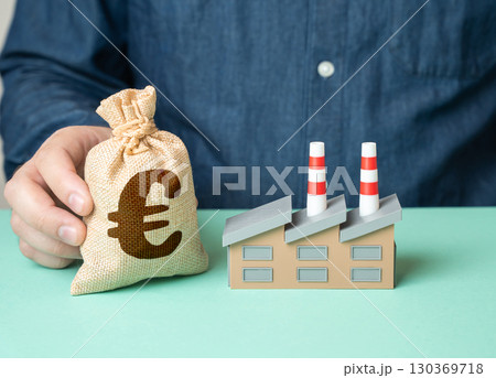 Factory and euro money bag, industrial growth, economic development, manufacturing funding, modernization, business expansion Factory and euro money bag, industrial growth, economic development, manufacturing funding, modernization, business expansion 130369718