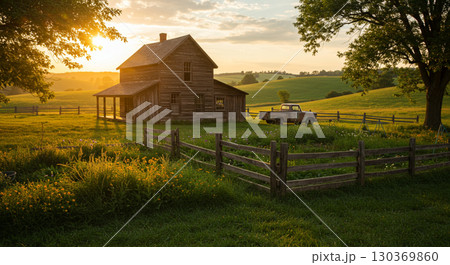 rural landscape with wooden fence 130369860