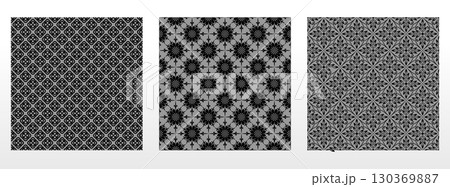 Geometric floral set of seamless patterns. Gray and black vector backgrounds. Damask graphic ornaments 130369887