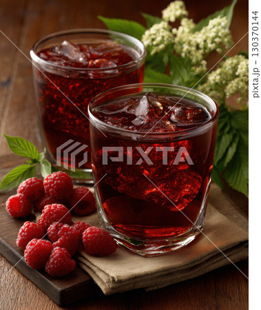 Chilled raspberry iced tea garnished with fresh berries 130370144