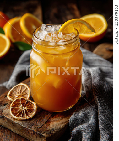 Refreshing iced orange tea served in a mason jar 130370163