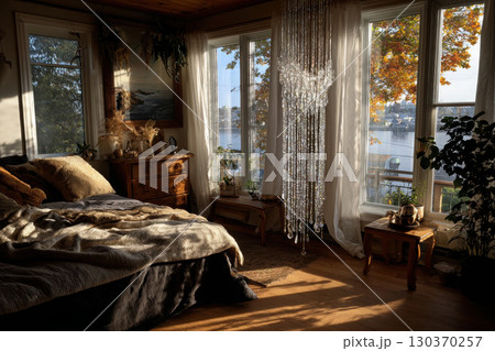 Prism light casting rainbows in a boho-inspired room Prism light casting rainbows in a boho-inspired room 130370257