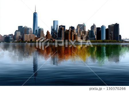 Vibrant watercolor skyline at dusk reflects a colorful rainbow 130370266