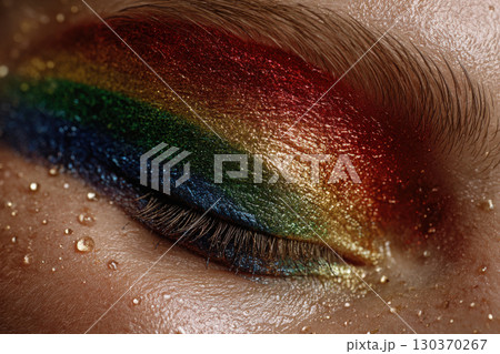 Vibrant rainbow eye makeup design showcasing artistic expression 130370267