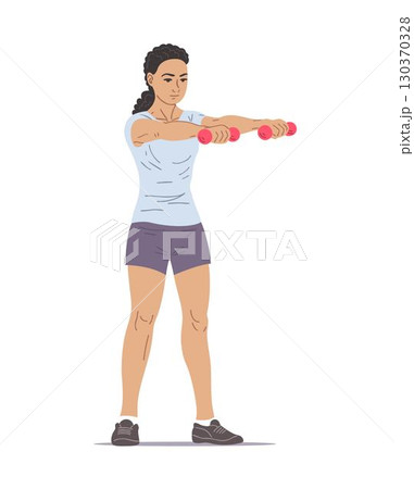 Woman doing standing front raise with dumbbells 130370328