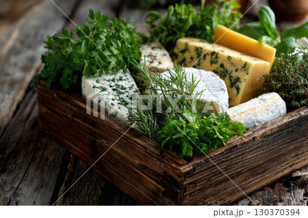 Wooden crate filled with artisanal cheeses and fresh herbs Wooden crate filled with artisanal cheeses and fresh herbs 130370394