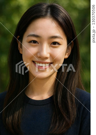 緑豊かな公園で夕日を浴び、輝く瞳で微笑む長髪の美しい日本人女性 130370506