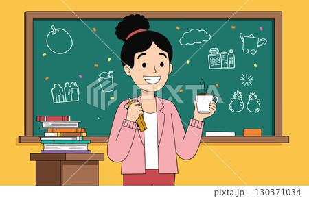 Teacher with Coffee in Classroom 130371034