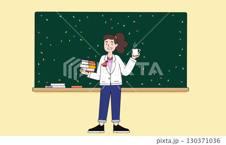 Teacher with Coffee in Classroom 130371036