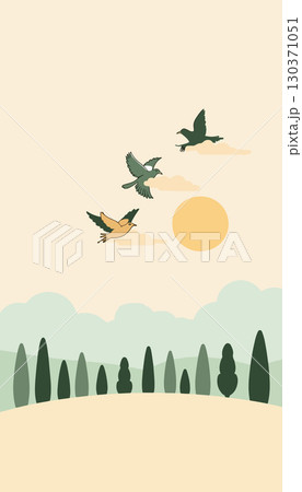 Birds Flying Over Green Hills 130371051