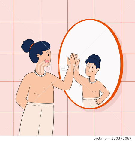 Woman Waving in Front of Mirror 130371067