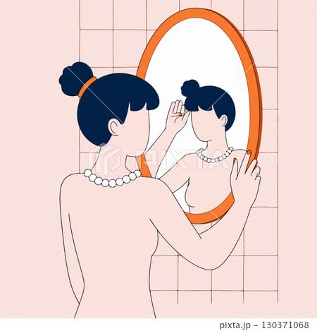 Woman Waving in Front of Mirror 130371068