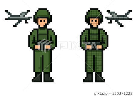A pixel art soldier in green attire stands confidently with hands on hips as a small aircraft flies overhead in a simplistic digital environment showcasing an imaginative scene 130371222