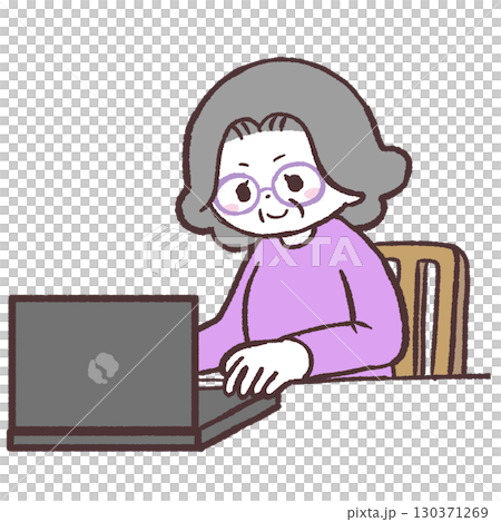 Illustration of a senior woman using a computer Illustration of a senior woman using a computer 130371269