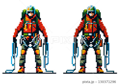 A pixelated character stands ready for an alpine expedition, featuring bright orange and green clothing. This art style captures the essence of retro gaming with detailed accessories A pixelated character stands ready for an alpine expedition, featuring bright orange and green clothing. This art style captures the essence of retro gaming with detailed accessories 130371296