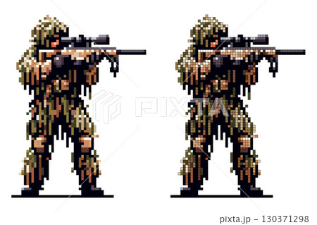 A soldier dressed in camouflage stands poised with a rifle, focusing intently on a target. The detailed pixel art showcases tactical gear and surroundings evoking a military atmosphere 130371298
