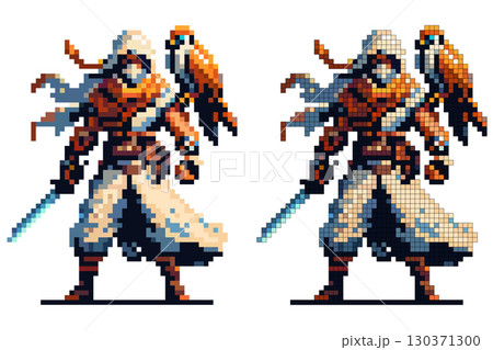 A fierce warrior clad in a hooded cloak stands confidently, holding a sword with a bird perched on their shoulder. The pixel art captures a sense of adventure and mystery in a fantasy environment A fierce warrior clad in a hooded cloak stands confidently, holding a sword with a bird perched on their shoulder. The pixel art captures a sense of adventure and mystery in a fantasy environment 130371300