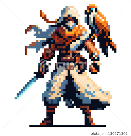 A fierce warrior clad in a hooded cloak stands confidently, holding a sword with a bird perched on their shoulder. The pixel art captures a sense of adventure and mystery in a fantasy environment 130371301