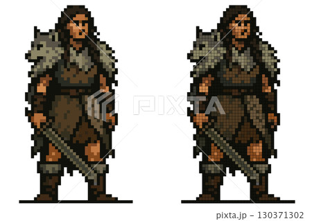 A skilled warrior in pixel art style stands poised, holding a sword and wearing a rugged outfit with fur accents. The character exudes strength and readiness for battle in a fantasy setting A skilled warrior in pixel art style stands poised, holding a sword and wearing a rugged outfit with fur accents. The character exudes strength and readiness for battle in a fantasy setting 130371302