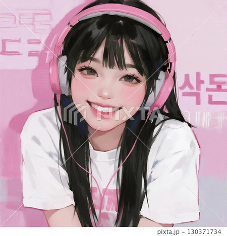 ヘッドフォンをしているKPOP風の女性のイラスト ヘッドフォンをしているKPOP風の女性のイラスト 130371734