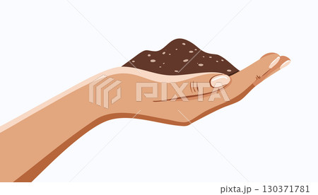 A stylized illustration of a hand holding soil with a small plant, isolated on white background 130371781