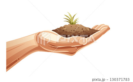 Creative artwork showing human hand carrying fertile soil and green sprout 130371783