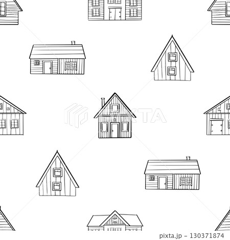 Seamless pattern village. A set of house icons showcasing different architectural styles and structures. Black and white doodle buildings. Outline monochrome 130371874