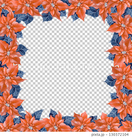 Christmas square frame with poinsettia, hand-painted. Watercolor illustration. A festive template with a place to insert. Flower Banner Christmas square frame with poinsettia, hand-painted. Watercolor illustration. A festive template with a place to insert. Flower Banner 130372104