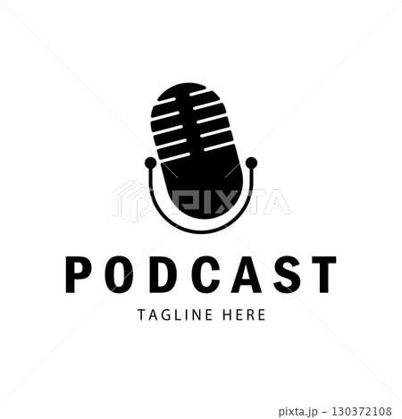 podcast logo with microphone and earphone audio, radio waves. for studio, talk show, chat, information sharing, interview, multimedia and web. 130372108
