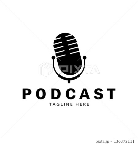 podcast logo with microphone and earphone audio, radio waves. for studio, talk show, chat, information sharing, interview, multimedia and web. 130372111