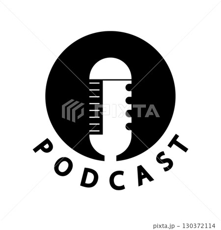 podcast logo with microphone and earphone audio, radio waves. for studio, talk show, chat, information sharing, interview, multimedia and web. 130372114