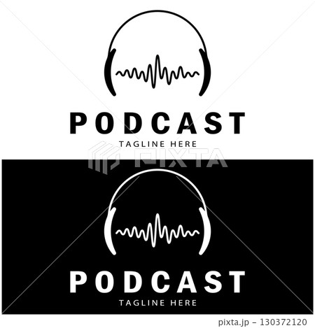 podcast logo with microphone and earphone audio, radio waves. for studio, talk show, chat, information sharing, interview, multimedia and web. 130372120
