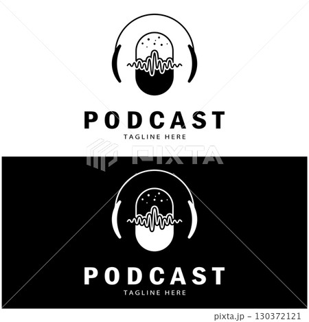 podcast logo with microphone and earphone audio, radio waves. for studio, talk show, chat, information sharing, interview, multimedia and web. 130372121