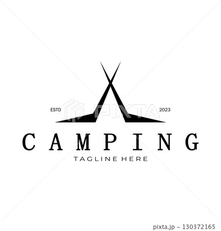 vintage and retro tent logo, camping. With tent, tree and bonfire sign. adventurers, scouts, climbers, camping equipment center 130372165