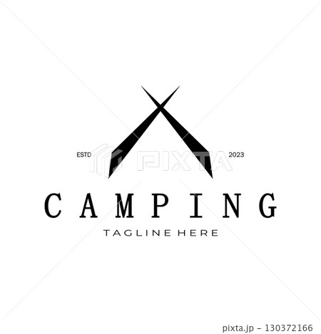 vintage and retro tent logo, camping. With tent, tree and bonfire sign. adventurers, scouts, climbers, camping equipment center 130372166