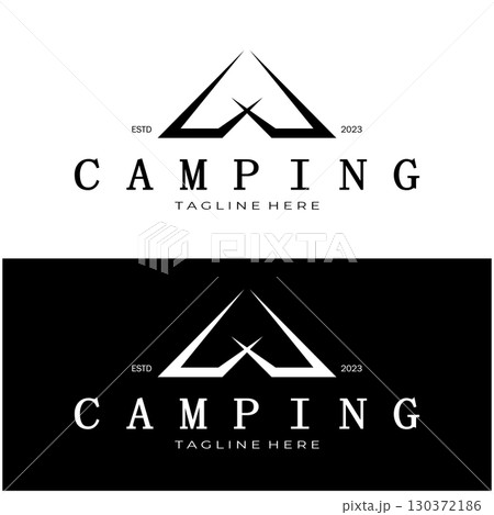 vintage and retro tent logo, camping. With tent, tree and bonfire sign. adventurers, scouts, climbers, camping equipment center 130372186