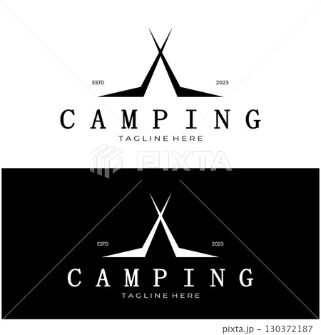 vintage and retro tent logo, camping. With tent, tree and bonfire sign. adventurers, scouts, climbers, camping equipment center 130372187