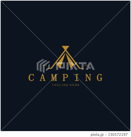 vintage and retro tent logo, camping. With tent, tree and bonfire sign. adventurers, scouts, climbers, camping equipment center 130372197