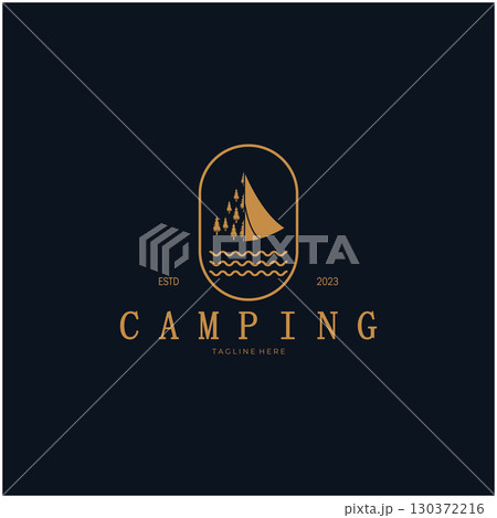vintage and retro tent logo, camping. With tent, tree and bonfire sign. adventurers, scouts, climbers, camping equipment center 130372216